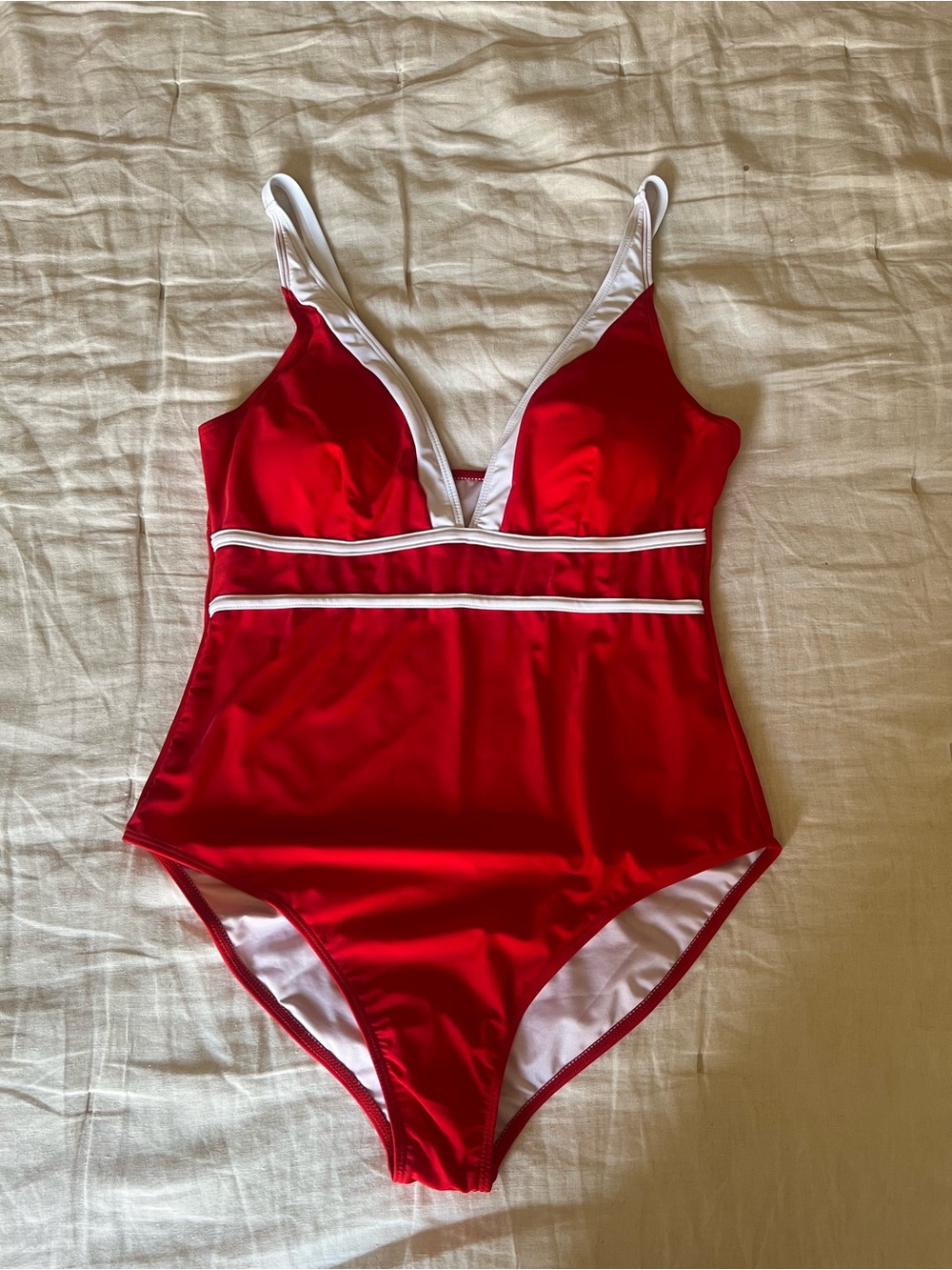 Red V-Neck One-Piece Swimsuit
